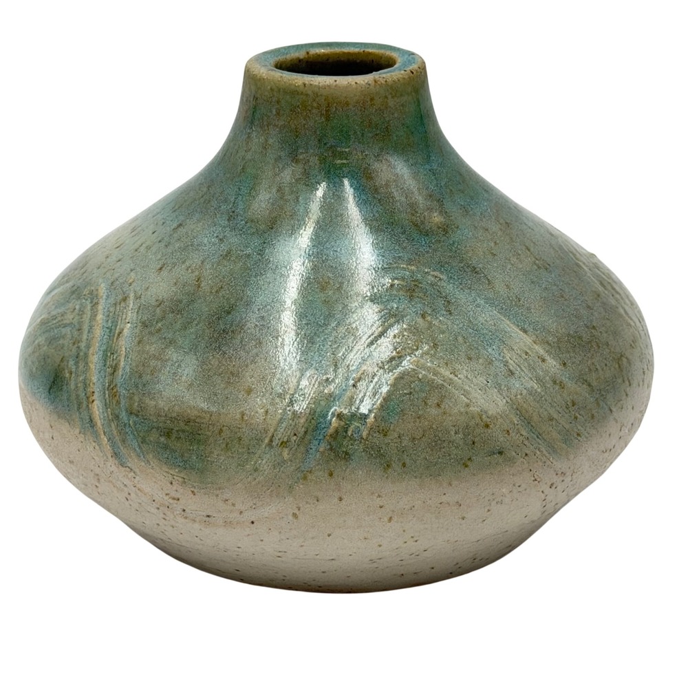 Studio Pottery Bud Vase Teal Green Speckled Cream Signed Heart Artisan Ceramic - Picture 3 of 6